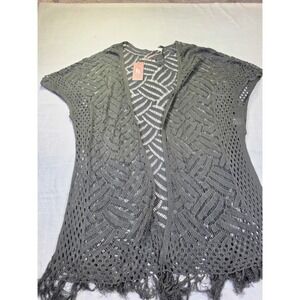 Hotouch Gray Crochet Open Front Fringed Cardigan Vest Boho Knit Cover Up Small